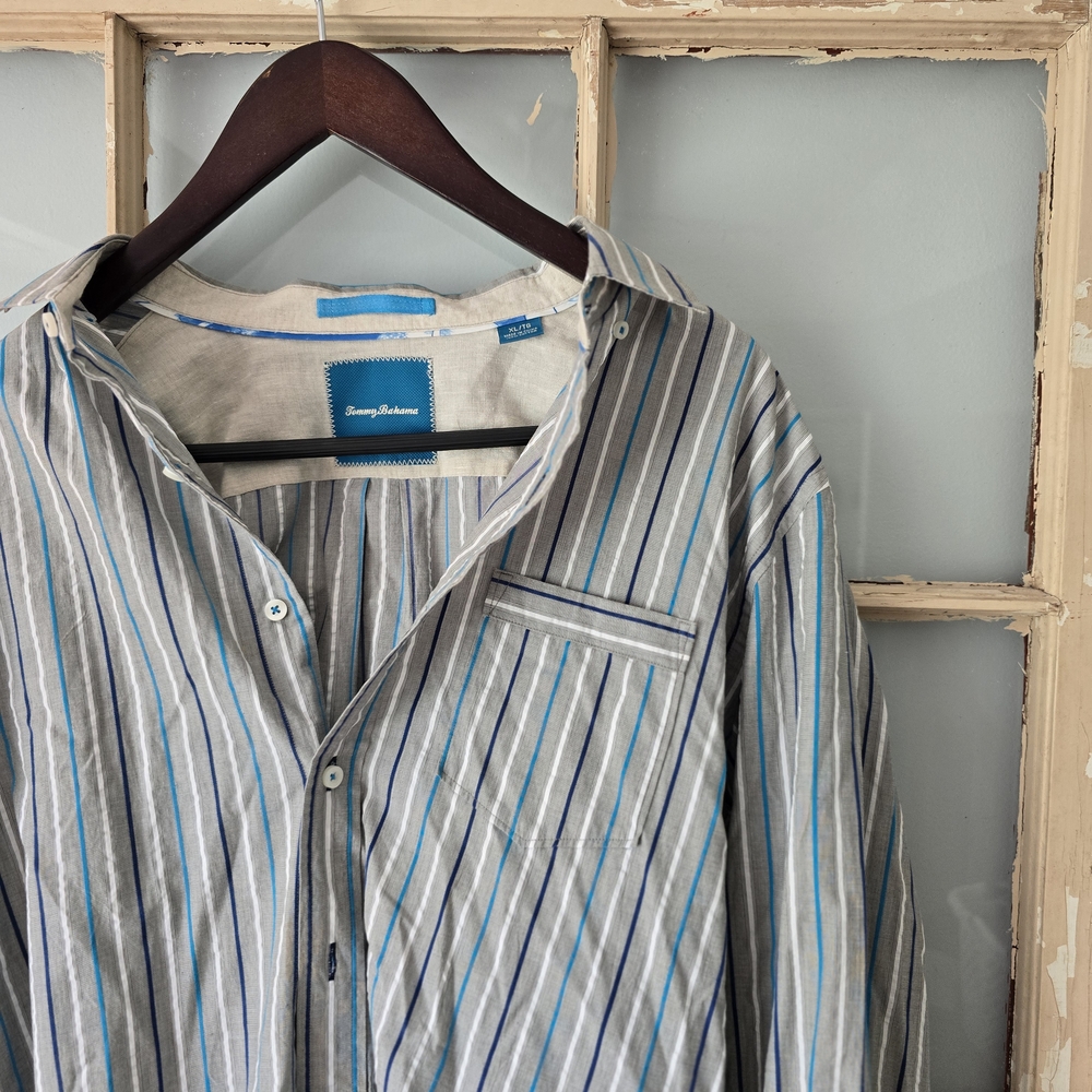 Tommy Bahama XL Blue and Gray Striped Shirt